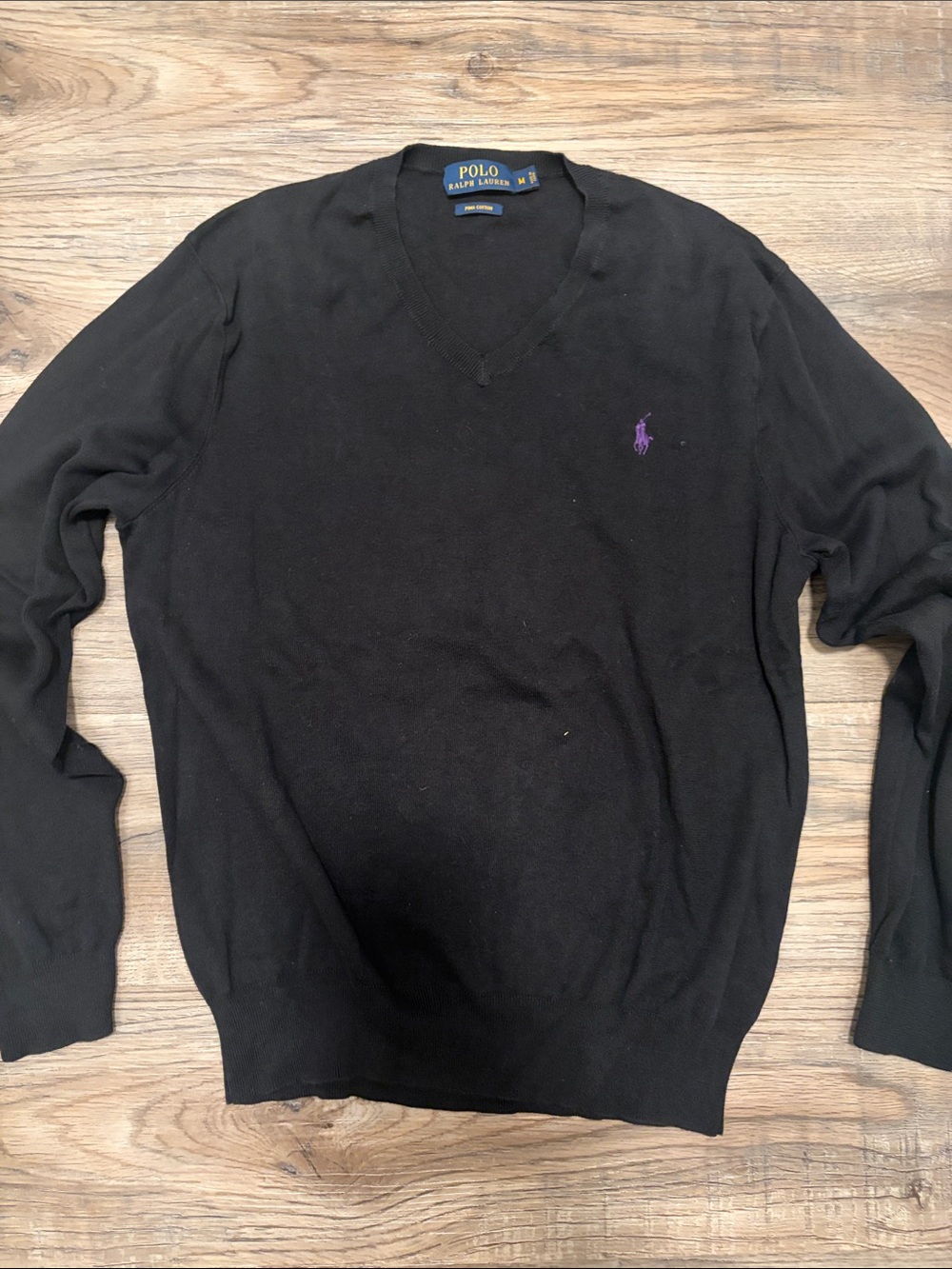 Polo by Ralph Lauren Black V-Neck Sweater with Purple Pony